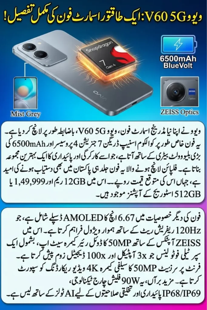 Vivo V60 5G Snapdragon 7 Gen 4 Power and 6500 Battery Launch Date, Price & Spec Latest