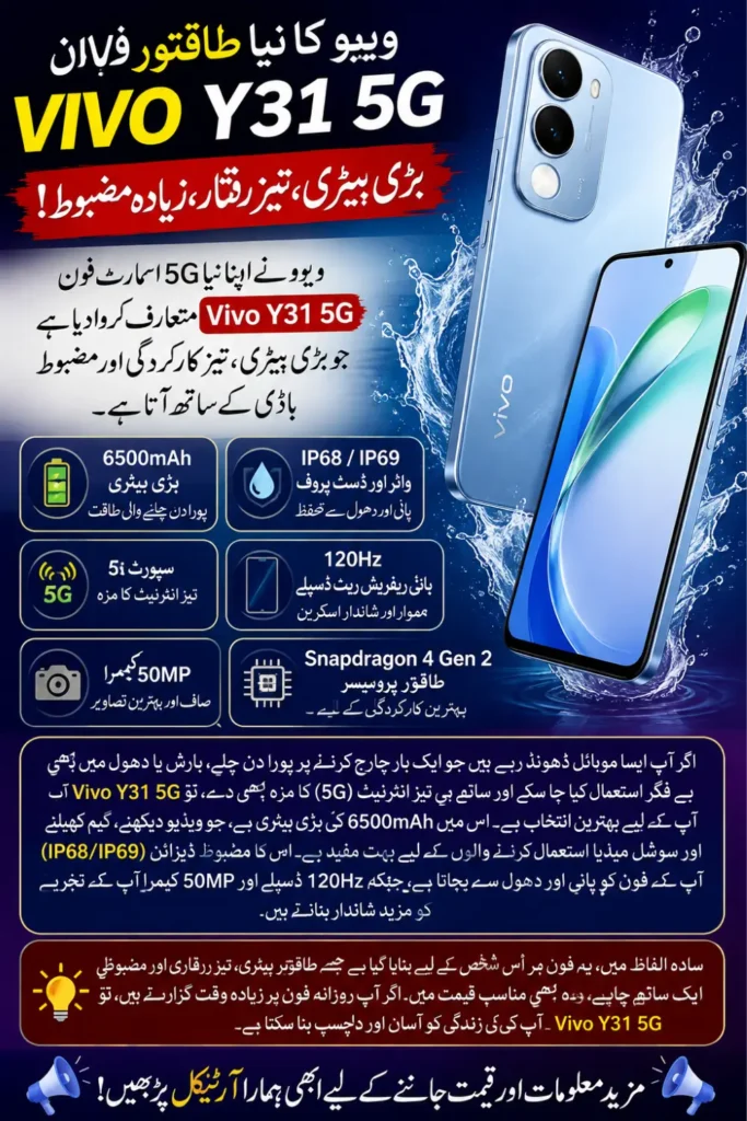 Vivo Y31 5G Price in Pakistan, Specs, Camera and 6500mAh Battery