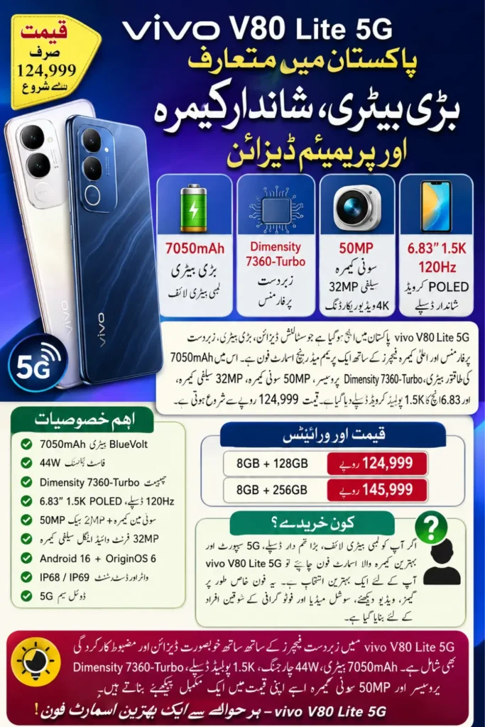 vivo V80 Lite 5G Price in Pakistan, Specs, Features and 7050mAh Battery