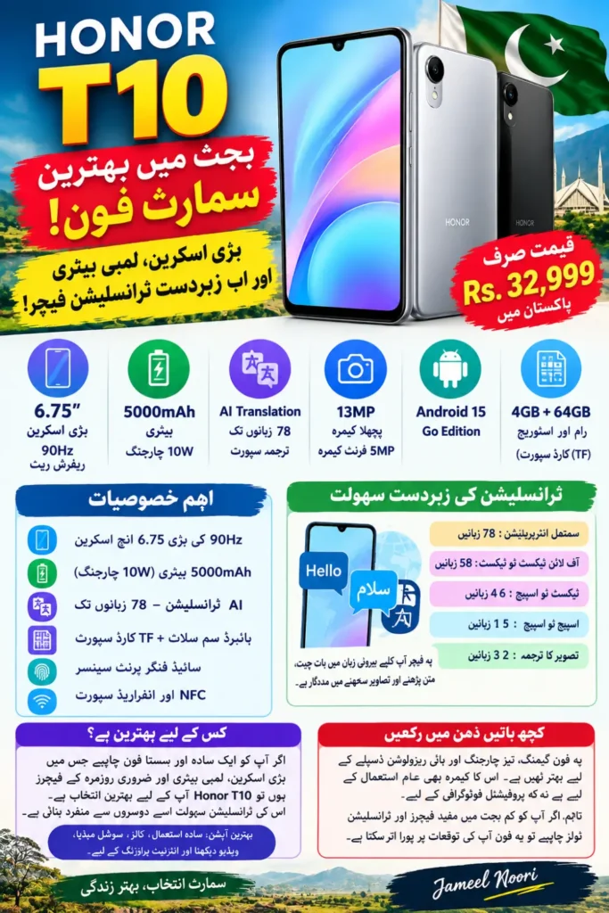 Honor T10 Launched in Pakistan With 90Hz Display and AI Translation Features