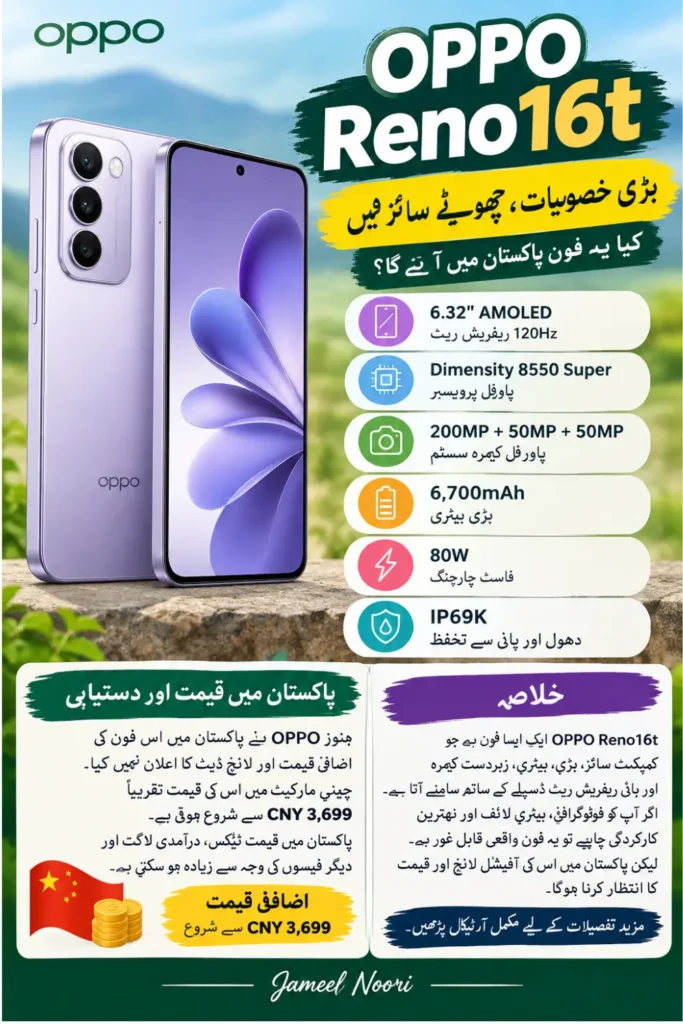OPPO Reno16t Price in Pakistan, Specs, Camera and Launch Details